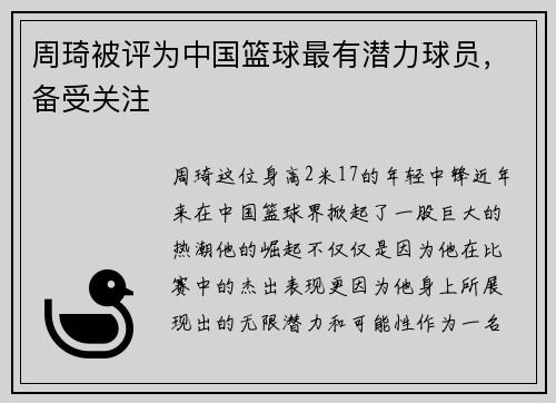 周琦被评为中国篮球最有潜力球员，备受关注